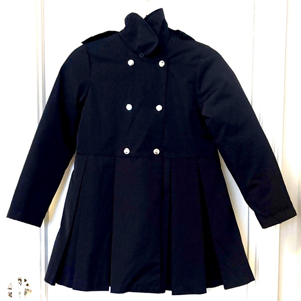 Jacadi Navy Kids Water Resistant Satin Dress Pea Coat with Silver Buttons